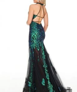 Formal Gowns Rachel Allan Prom - 7035 Sequined Plunging Halter Trumpet Dress