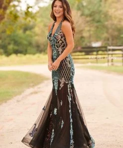 Formal Gowns Rachel Allan Prom - 7035 Sequined Plunging Halter Trumpet Dress
