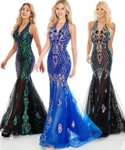 Formal Gowns Rachel Allan Prom - 7035 Sequined Plunging Halter Trumpet Dress