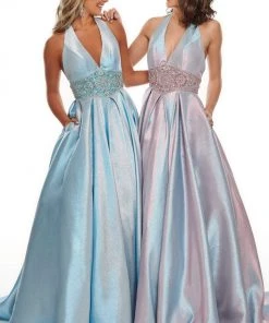 Rachel Allan Prom - 7037 Beaded Deep Halter V-Neck Ballgown