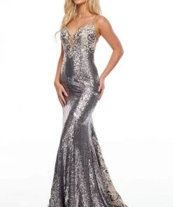 Rachel Allan Prom - 7038 Metallic Sequined Trumpet Dress Formal Gowns