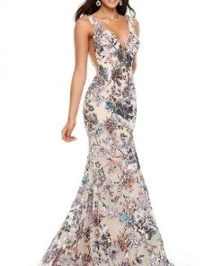 Rachel Allan Prom - 7045 Embellished Deep V-Neck Trumpet Dress