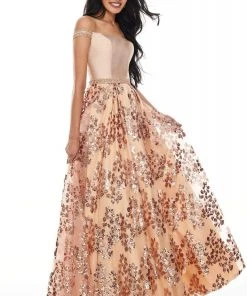 Rachel Allan Prom - 7046 Off Shoulder Bodice Sequined A-Line Gown Formal Gowns