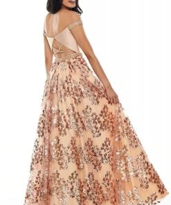 Rachel Allan Prom - 7046 Off Shoulder Bodice Sequined A-Line Gown Formal Gowns