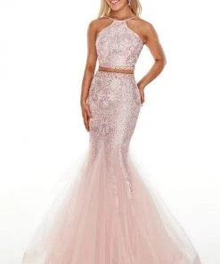 Rachel Allan Prom - 7057 Two Piece Embroidered Halter Mermaid Dress