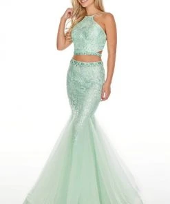 Rachel Allan Prom - 7057 Two Piece Embroidered Halter Mermaid Dress