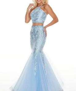 Rachel Allan Prom - 7057 Two Piece Embroidered Halter Mermaid Dress