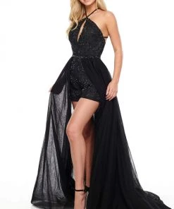 Rachel Allan Prom - 7070 Bedazzled Halter Romper With Overskirt Formal Gowns