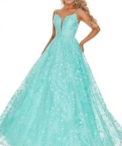 Rachel Allan Prom - 7078 Embroidered Deep V-Neck Tulle Ballgown Formal Gowns