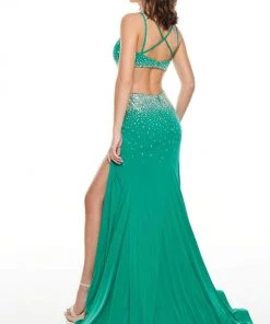 Formal Gowns Rachel Allan Prom - 7081 Beaded V-Neck Jersey Trumpet Dress