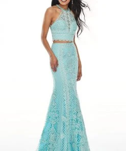 Rachel Allan Prom - 7088 Two Piece Embroidered Halter Trumpet Dress