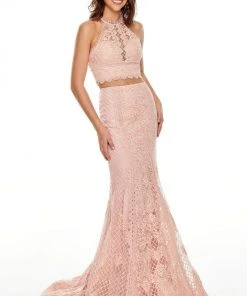 Rachel Allan Prom - 7088 Two Piece Embroidered Halter Trumpet Dress
