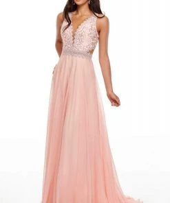 Rachel Allan Prom - 7097 V-Neckline Embellished Bodice A-Line Dress Formal Gowns