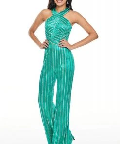 Rachel Allan Prom - 7098 Halter Neck Open Back Sequined Jumpsuit Formal Gowns