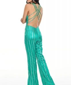 Rachel Allan Prom - 7098 Halter Neck Open Back Sequined Jumpsuit Formal Gowns