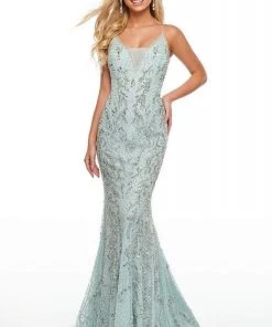 Formal Gowns Rachel Allan Prom - 7108 V-Neck Embellished Sequined Sheath Dress