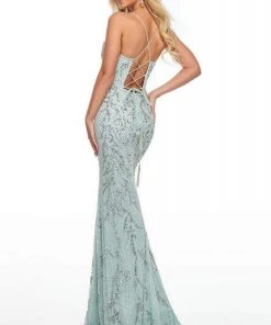 Formal Gowns Rachel Allan Prom - 7108 V-Neck Embellished Sequined Sheath Dress