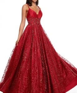 Rachel Allan Prom - 7111 Glitter Tulle Deep V-Neck Ballgown Formal Gowns