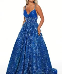 Rachel Allan Prom - 7111 Glitter Tulle Deep V-Neck Ballgown Formal Gowns