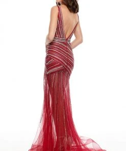 Formal Gowns Rachel Allan Prom - 7115 Beaded Deep V-Neck Tulle Trumpet Dress