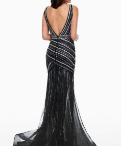 Formal Gowns Rachel Allan Prom - 7115 Beaded Deep V-Neck Tulle Trumpet Dress