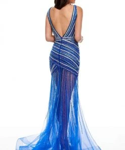 Formal Gowns Rachel Allan Prom - 7115 Beaded Deep V-Neck Tulle Trumpet Dress