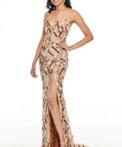 Rachel Allan Prom - 7117 Beaded Tulle V-Neck Sheath Dress Formal Gowns