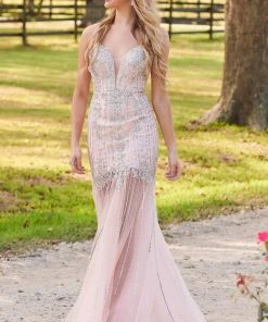Formal Gowns Rachel Allan Prom - 7126 Beaded Deep V-Neck Tulle Trumpet Dress