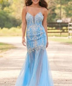 Formal Gowns Rachel Allan Prom - 7126 Beaded Deep V-Neck Tulle Trumpet Dress