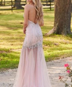 Formal Gowns Rachel Allan Prom - 7126 Beaded Deep V-Neck Tulle Trumpet Dress