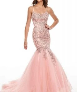 Formal Gowns Rachel Allan Prom - 7132 Scoop Neck Stone-Accented Trumpet Dress