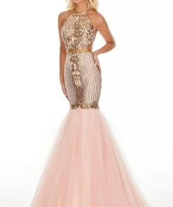 Rachel Allan Prom - 7142 Embellished Halter Tulle Mermaid Dress Formal Gowns