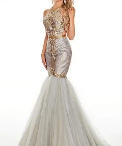Rachel Allan Prom - 7142 Embellished Halter Tulle Mermaid Dress Formal Gowns