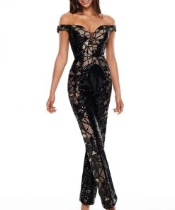 Plus Size Dresses Rachel Allan Prom - 7154 Off-Shoulder Sequin Jumpsuit