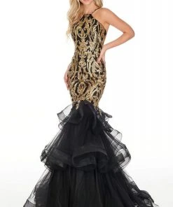Formal Gowns Rachel Allan Prom - 7167 Halter Sequined Ruffle Trumpet Dress
