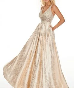 Rachel Allan Prom - 7175 Metallic Brocade V-Neck A-Line Gown Formal Gowns