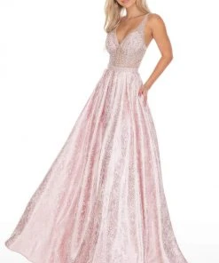 Rachel Allan Prom - 7175 Metallic Brocade V-Neck A-Line Gown Formal Gowns
