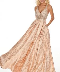 Rachel Allan Prom - 7175 Metallic Brocade V-Neck A-Line Gown Formal Gowns