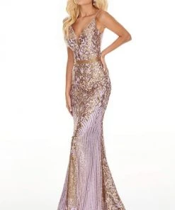 Formal Gowns Rachel Allan Prom - 7177 Sequined Deep V-Neck Trumpet Dress