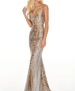 Formal Gowns Rachel Allan Prom - 7177 Sequined Deep V-Neck Trumpet Dress