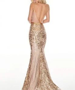 Formal Gowns Rachel Allan Prom - 7177 Sequined Deep V-Neck Trumpet Dress