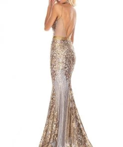 Formal Gowns Rachel Allan Prom - 7177 Sequined Deep V-Neck Trumpet Dress