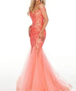 Formal Gowns Rachel Allan Prom - 7199 Sequined Off-Shoulder Mermaid Dress