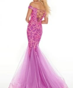 Formal Gowns Rachel Allan Prom - 7199 Sequined Off-Shoulder Mermaid Dress