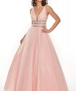 Formal Gowns Rachel Allan Prom - 7201 Plunging Bead-Banded Midriff Tulle Gown