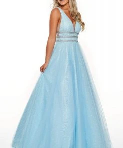Formal Gowns Rachel Allan Prom - 7201 Plunging Bead-Banded Midriff Tulle Gown