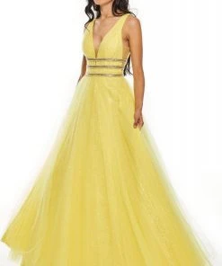 Formal Gowns Rachel Allan Prom - 7201 Plunging Bead-Banded Midriff Tulle Gown
