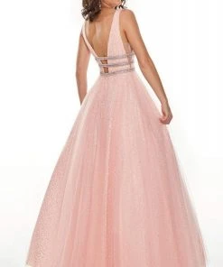 Formal Gowns Rachel Allan Prom - 7201 Plunging Bead-Banded Midriff Tulle Gown