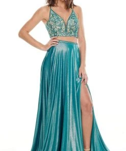Rachel Allan Prom - 7209 Two Piece Beaded V-Neck Jersey A-Line Gown Formal Gowns