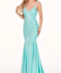 Formal Gowns Rachel Allan - Sleeveless Ruche-Ornate Mermaid Gown 70061 - 1 Pc Aqua Blue In Size 10 Available